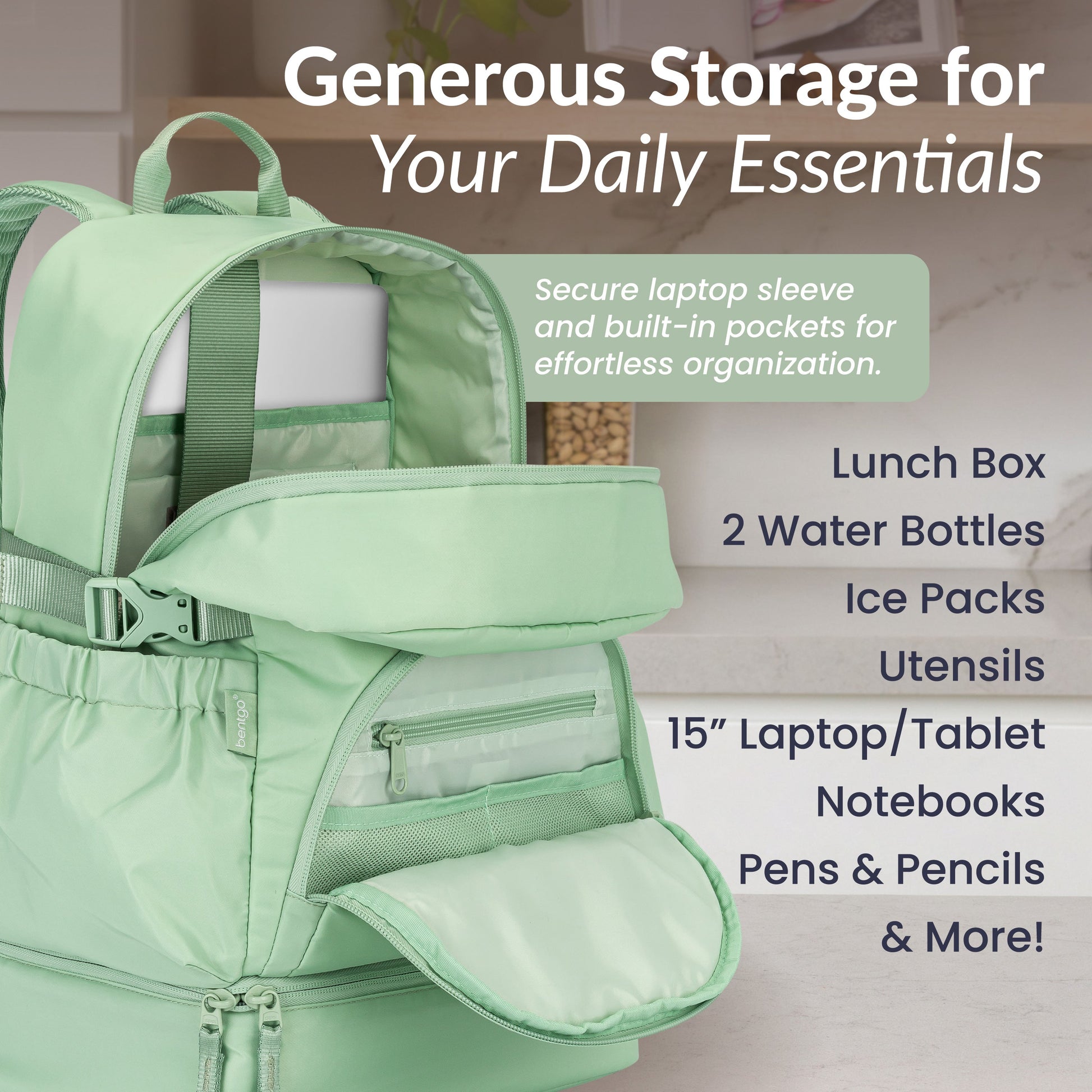 Bentgo® 2-in-1 Backpack & Lunch Bag - Clay Green | Generous Storage For Your Daily Essentials - Secure Laptop Sleeve And Built-In Pockets For Effortless Organization - Lunch Box, 2 Water Bottles, Ice Packs, Utensils, 15” Laptop/Tablet, Notebooks, Pens & Pencils, & More!
