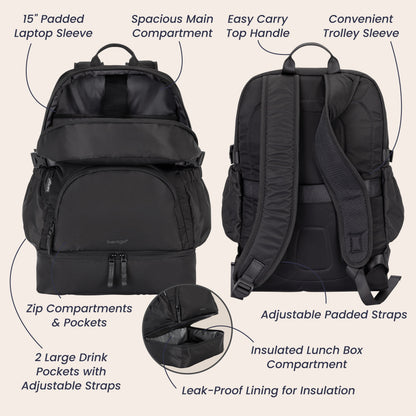 Bentgo® 2-in-1 Backpack & Lunch Bag - Obsidian Charcoal | 15” Padded Laptop Sleeve, Spacious Main Compartment, Zip Compartments & Pockets, 2 Large Drink Pockets With Adjustable Straps, Easy Carry Top Handle, Convenient Trolley Sleeve, Adjustable Padded Straps, Insulated Lunch Box Compartment, And Leak-Proof Lining For Insulation