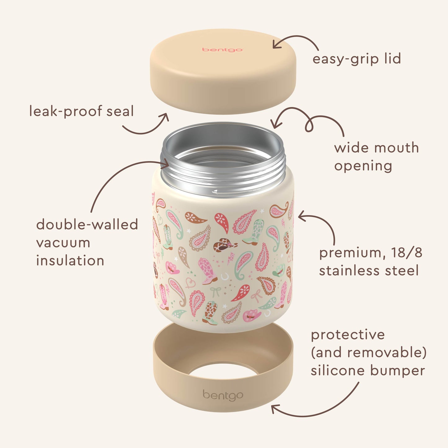 Bentgo® Kids Stainless Steel Food Jar - Cowgirl Dreams | Stainless Steel Food Jar Features Leak-Proof Seal, Easy-Grip Lid, Wide Mouth Opening, And Much More