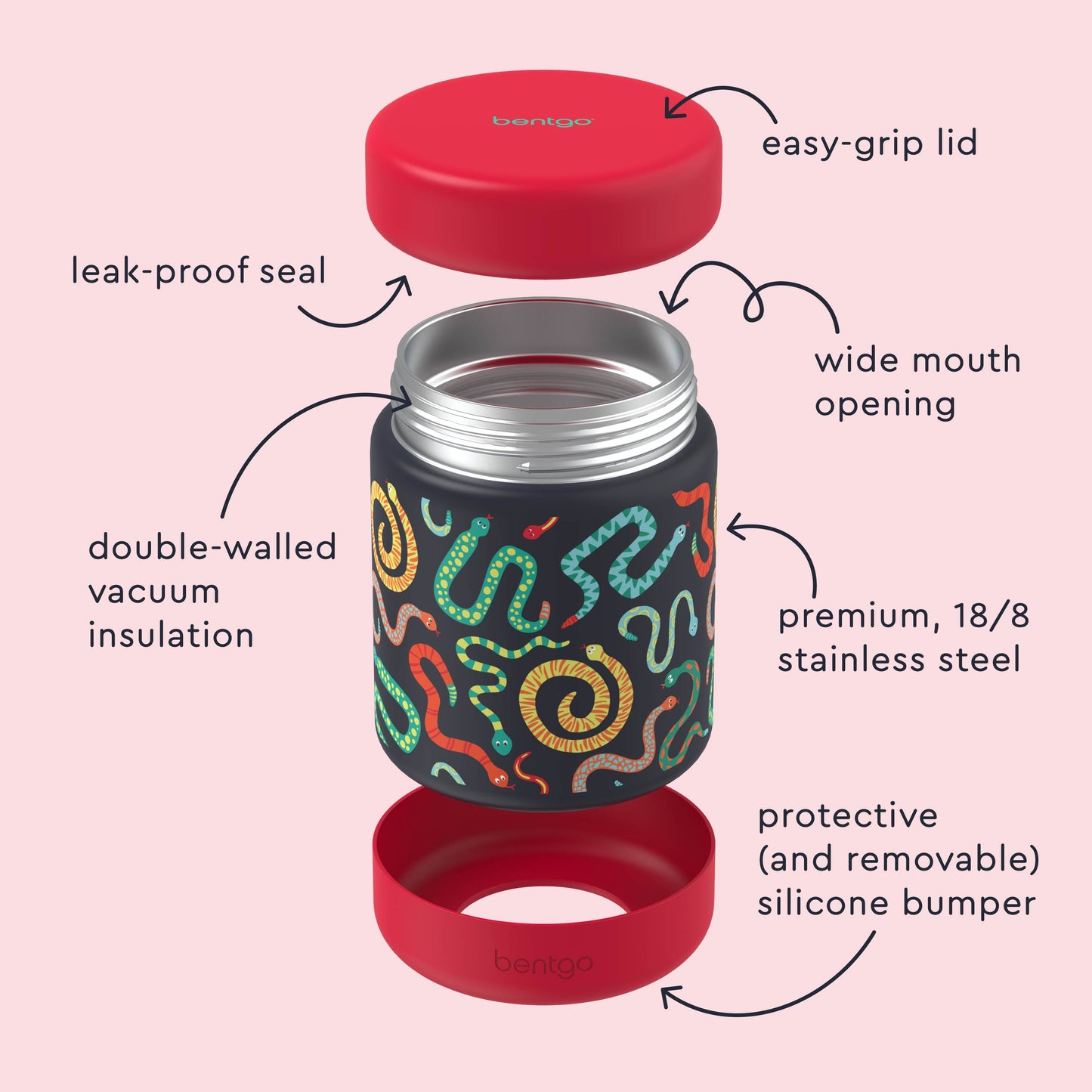 Bentgo® Kids Stainless Steel Food Jar - Sssnakes | Stainless Steel Food Jar Features Leak-Proof Seal, Easy-Grip Lid, Wide Mouth Opening, And Much More