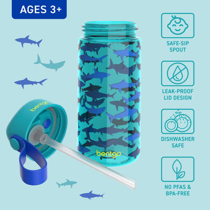 Bentgo Kids Water Bottle - Sharks | Bite & Sip Straw, Leak-Proof Lid Design, Dishwasher Safe, No PFAs & BPA-Free