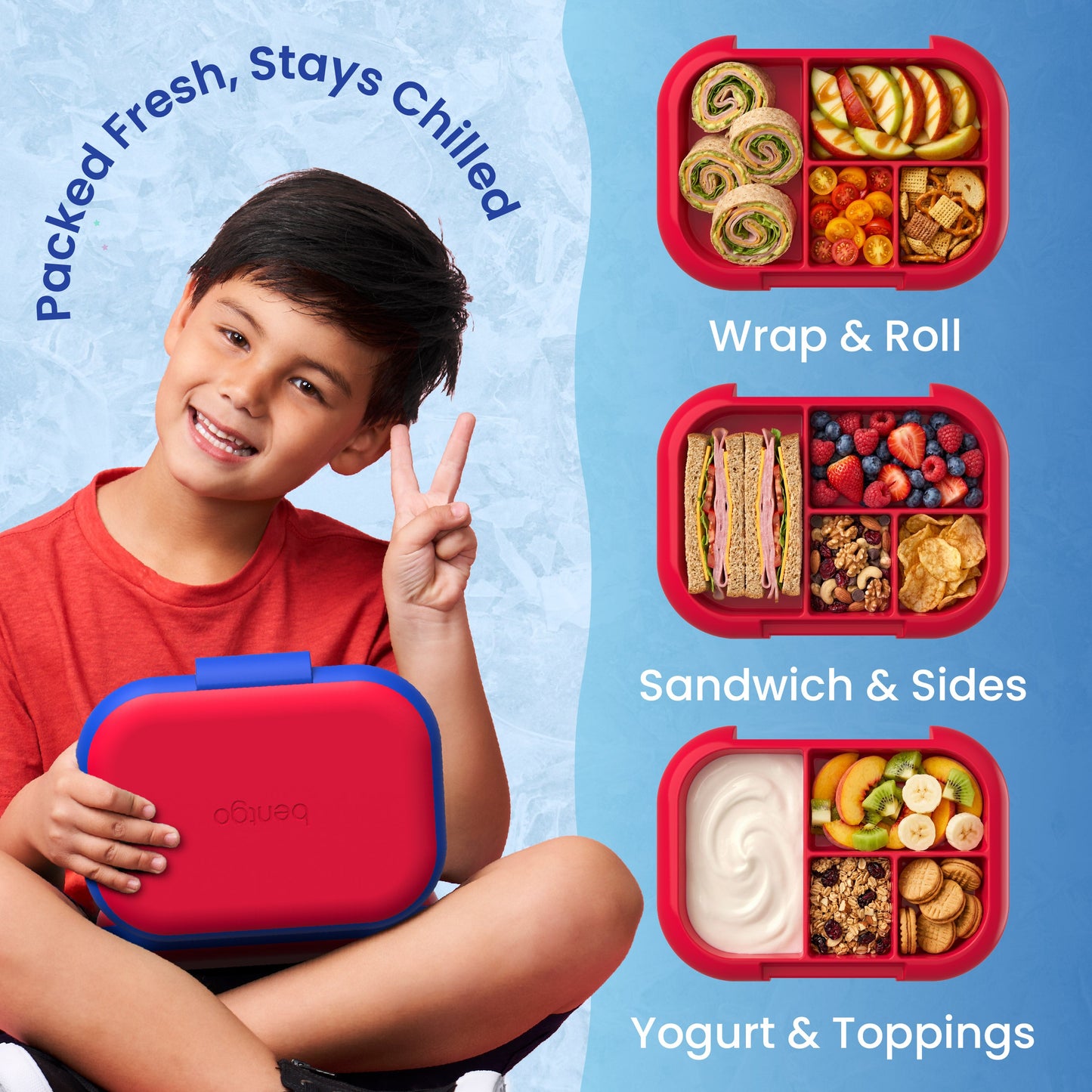 Bentgo® Chill Kids Lunch Box - Red/Royal | Packed Fresh, Stays Chilled - Wrap & Roll, Sandwich & Sides, and Yogurt & Toppings