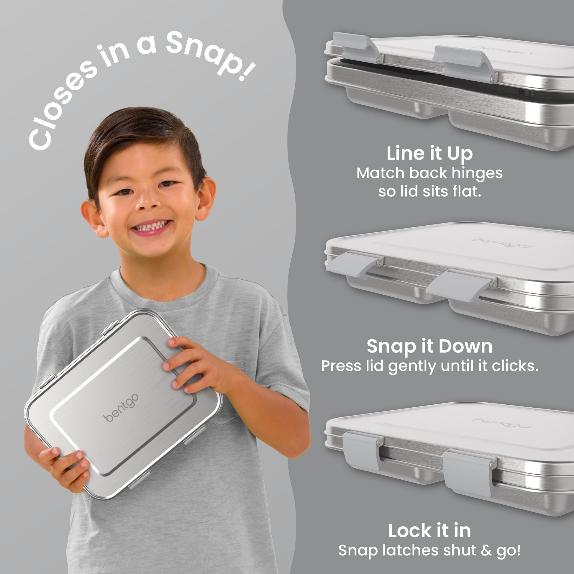 Bentgo Kids Stainless Steel Lunch Box (2-Pack) - Silver | Closes In A Snap! | Line It Up - Match Back Hinges So Lid Sits Flat. | Snap It Down - Press Lid Gently Until It Clicks. | Lock It In - Snap Latches Shut & Go!