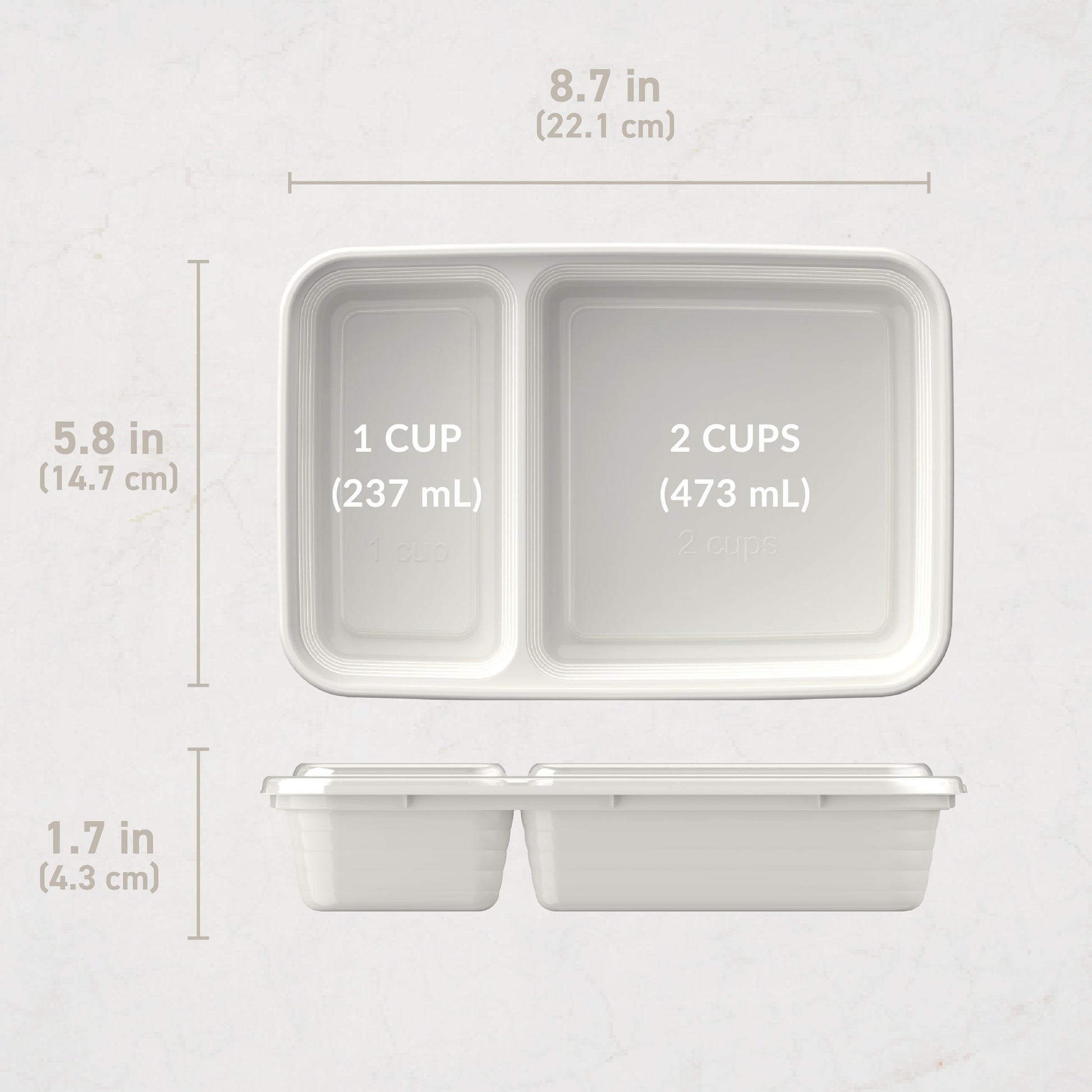 Bentgo® Prep 2-Compartment Meal Prep Containers (20-Piece) - Whisper Gray | Dimensions