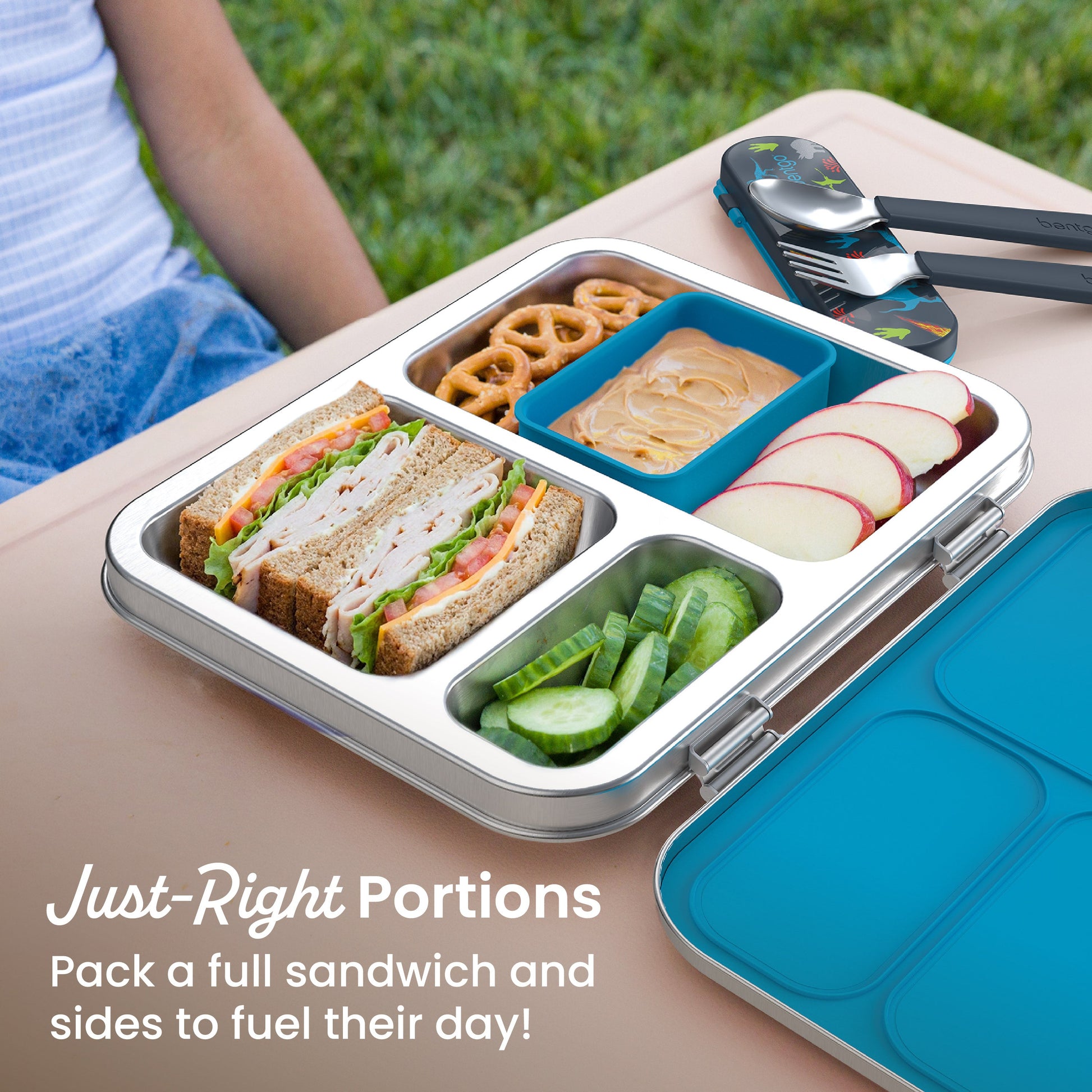 Bentgo® Kids Stainless Steel Prints Lunch Box - Dinosaur | Secure Locking Clips - Seals In Freshness, Leak-Resistant Silicone Seal, 18/8 Grade Stainless Steel Food Tray, Smooth Rolled Edges For Comfort, Bonus Silicone Container - Fits Large & Medium Compartments